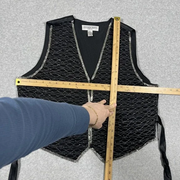 Amanda Smith L Pure Silk Black Beaded Dressy Vest Button Fairygoth Gothic Fairy - Picture 5 of 7